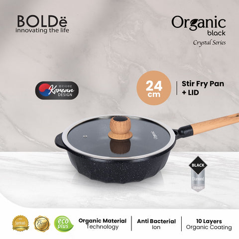 ORGANIC Black Crystal White Stir Fry PAN 24 cm + Glass Lid